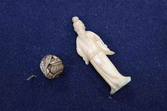 A Japanese ivory figure an ojime, a Chinese ivory figure and a plaque